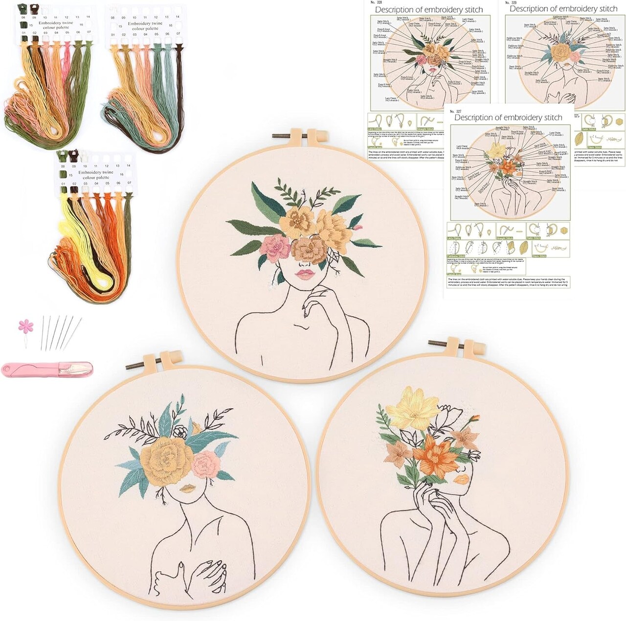 3 Pack Embroidery Kit for Beginners , Floral Plant Pattern,Cross Stitch  Kits Set , Including Stamped Embroidery Cloth with 3 Embroidery Hoops,  Color Threads and Tools (Flower)